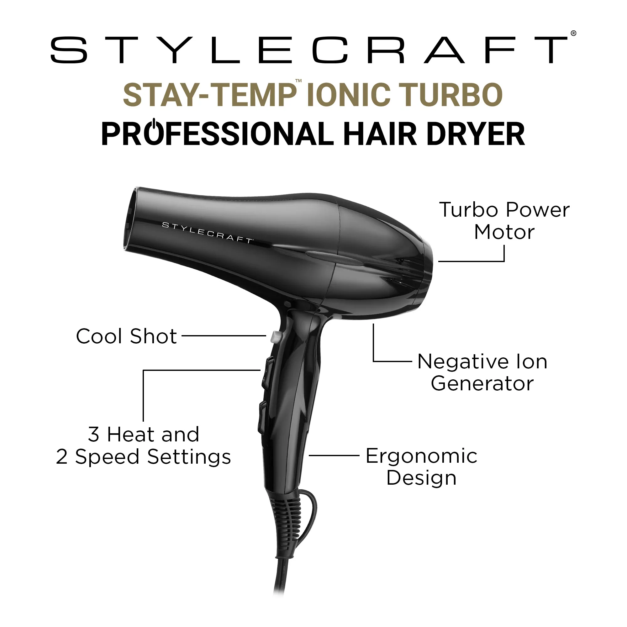 Secadora De Pelo Stylecraft Stay Temp Ionic Turbo - Imagen 2