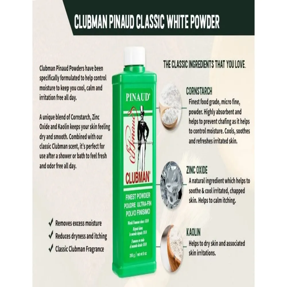 Clubman Pinaud Talco Blanco 255 ml — Ultra Fino Barbero - Imagen 2