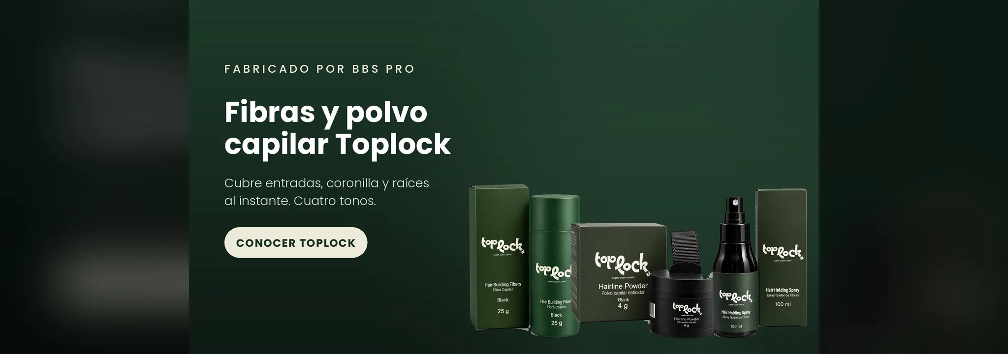 Fibras y polvo capilar Toplock, fabricado por BBS PRO