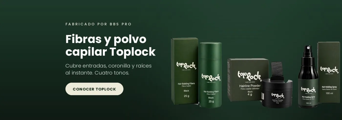 Fibras capilares y polvo capilar Toplock en sus cuatro presentaciones, fabricado por BBS PRO